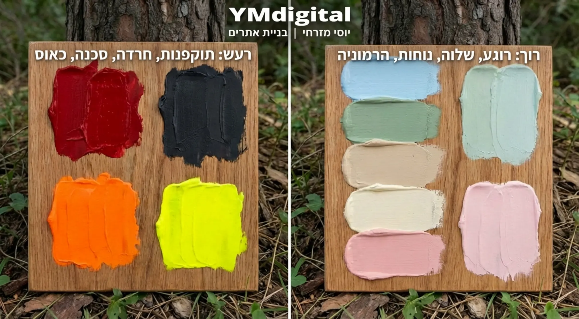 פלטת צבעים המציגה השוואה בין צבעים רועשים כמו אדום ושחור מול צבעים רכים כמו תכלת פסטל ירוק מרווה ובז' עם כיתוב שמסביר את הרגש שכל צבע מעורר