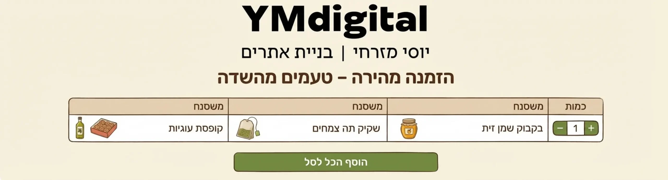 איור של ממשק משתמש המציג טופס הזמנה מהירה: רשימת מוצרים בטבלה עם תמונות קטנות, שדה כמות ליד כל מוצר וכפתור הוספה מרוכז לסל בתחתית