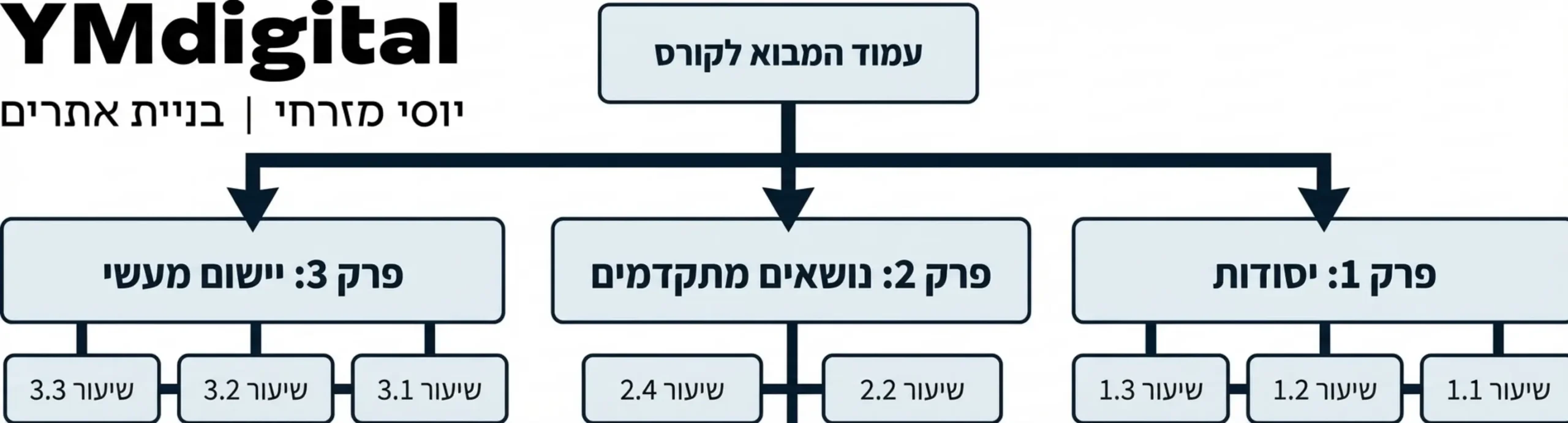 תרשים זרימה המדגים מבנה קורס טיפוסי החל מעמוד המבוא לקורס, חלוקה ויזואלית לשלושה פרקים שונים, כשבכל פרק מופיעים מספר שיעורים ובסופו של כל פרק מופיע סמל של מבדק ידע