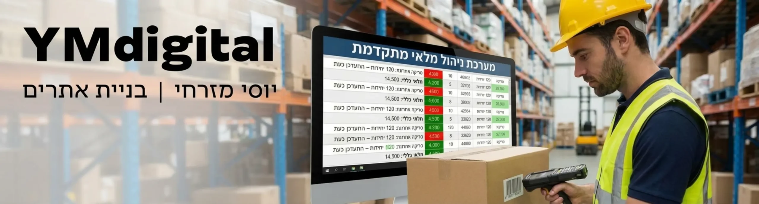 תמונה של עובד מחסן סורק ברקוד על גבי קרטון באמצעות מסופון ידני קורא ברקודים כאשר ברקע מופיע מסך מחשב מתקדם המתעדכן מיידית בנתוני המלאי החדשים