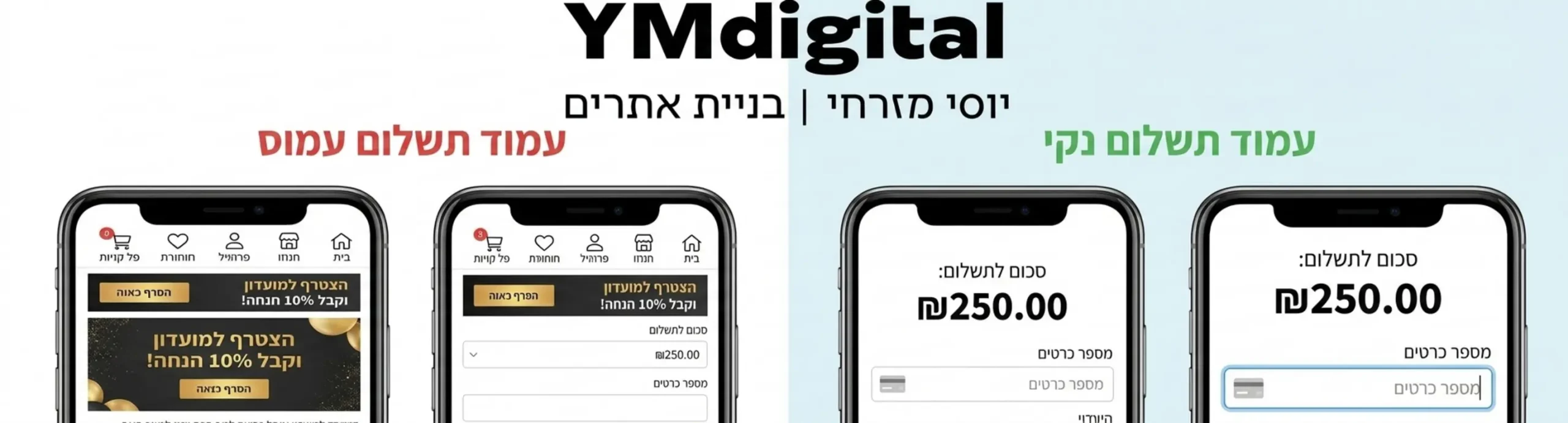 תרשים השוואה המציג מכשיר סלולרי עם עמוד תשלום עמוס בעל תפריט ניווט עליון והסחות דעת לעומת מכשיר סלולרי המציג עמוד תשלום סגור ונקי שמכיל רק את פרטי החיוב כפתור תשלום בולט ומקלדת מספרית פתוחה