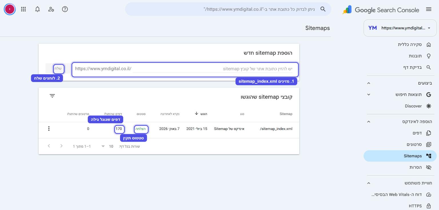 הגשת מפת אתר בגוגל סרץ' קונסול בלשונית Sitemaps